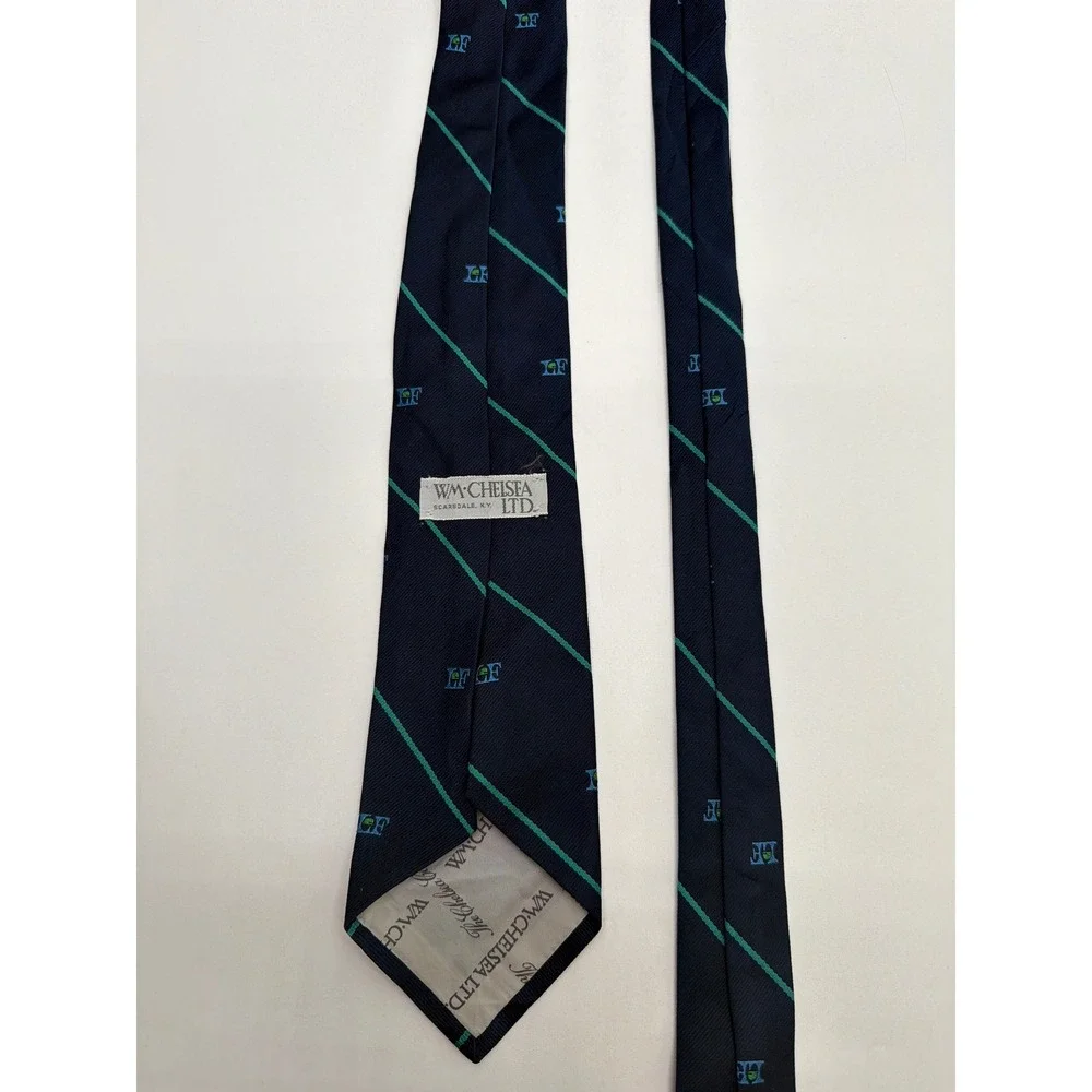 Wm Chelsea Ltd Mens Navy Blue Green Striped LF Crest Logo Silk Tie Scarsdale NY